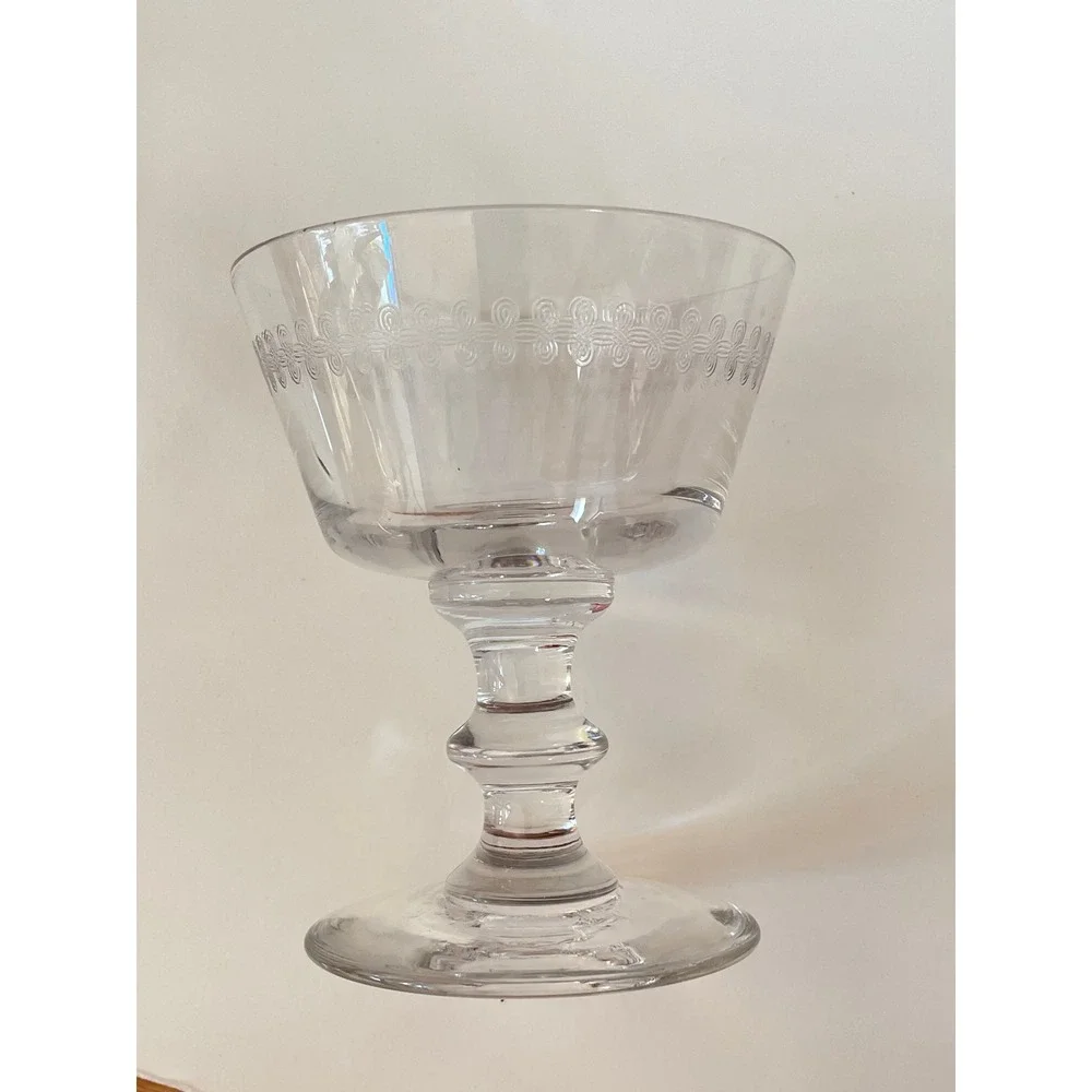 Vintage Etched Glass Coupe Champagne Glasses Set of 4 Clear Pedestal Stem